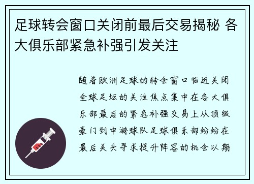 足球转会窗口关闭前最后交易揭秘 各大俱乐部紧急补强引发关注