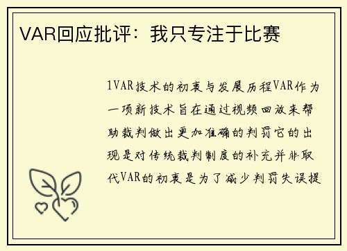 VAR回应批评：我只专注于比赛